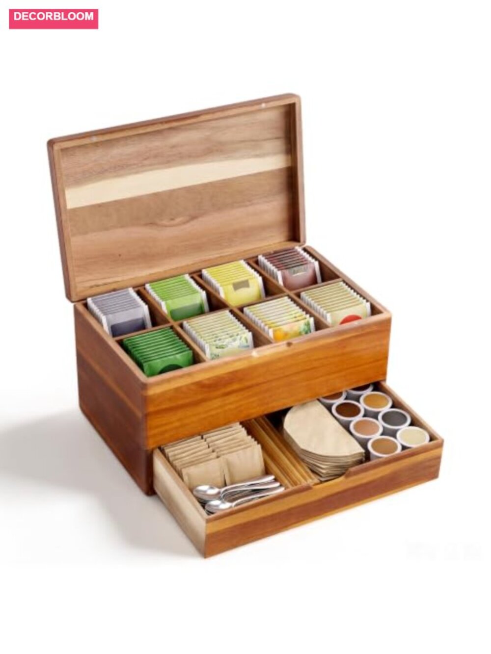 Acacia Wood Tea Bag Organizer Flip Top Tea Box 8 Compartments Drawer